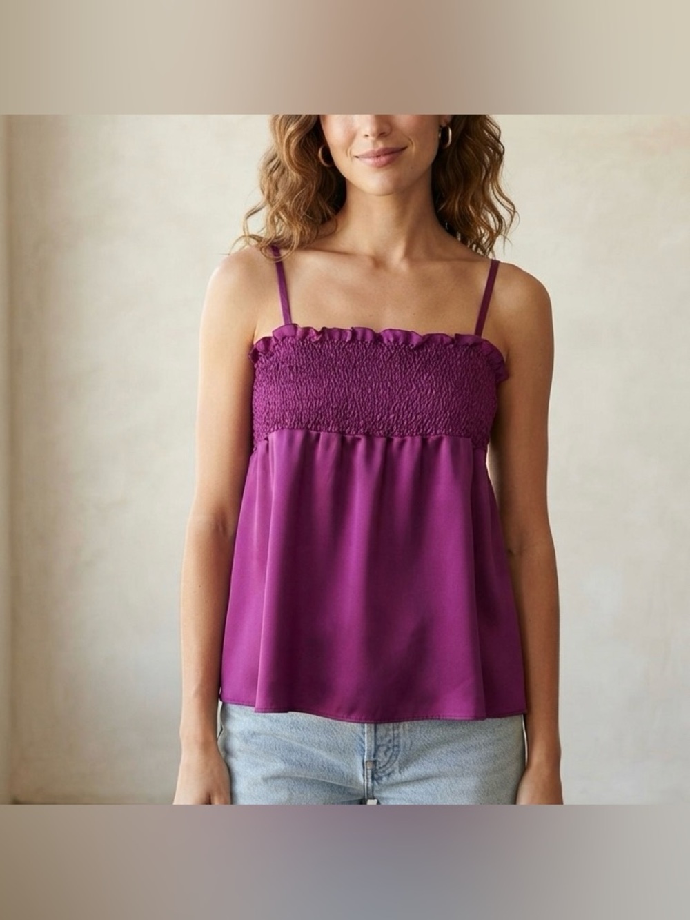 La Senza Purple Satin Shirred Babydoll Top Size S Smocked